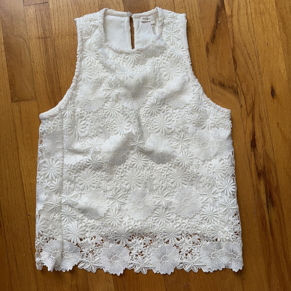 Maje Sleeveless Lace Top 2 White Floral Embroidered Tank Blouse Ecru